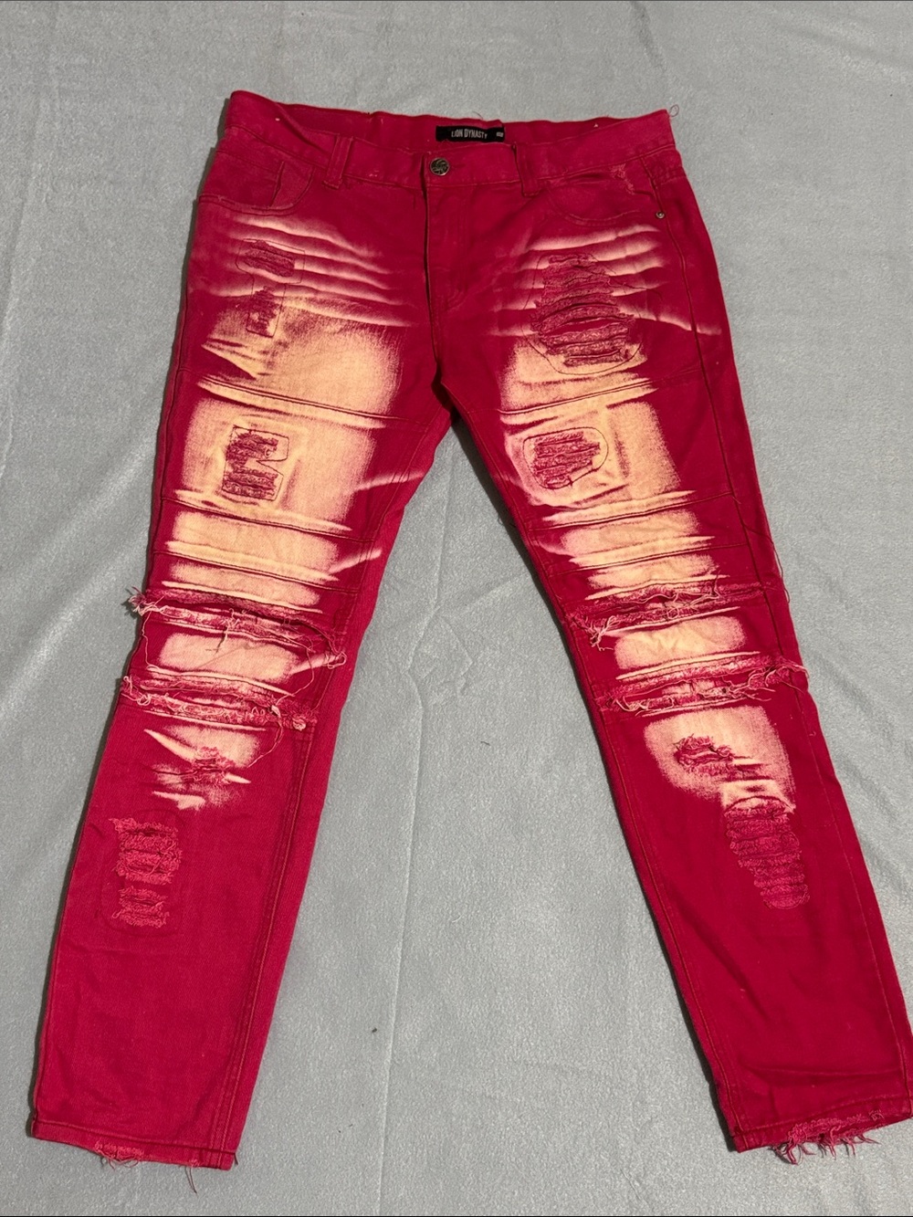 Lion Dynasty Distressed Men’s Denim Red Jeans Hip Hop Streetwear Size 36